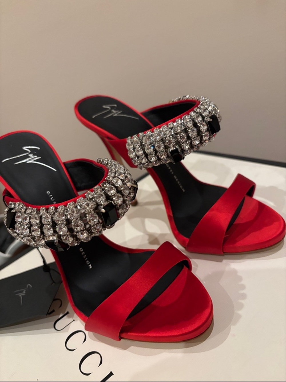 Giuseppe Zanotti Flame Red Satin high heel sandal mule with crystals sz.8 - Picture 12 of 17